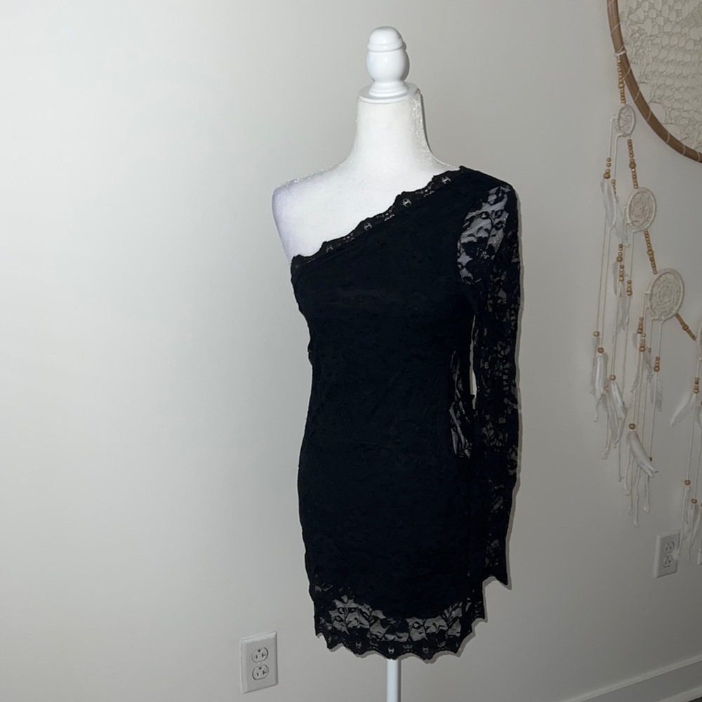 Lace One Shoulder Black Dress